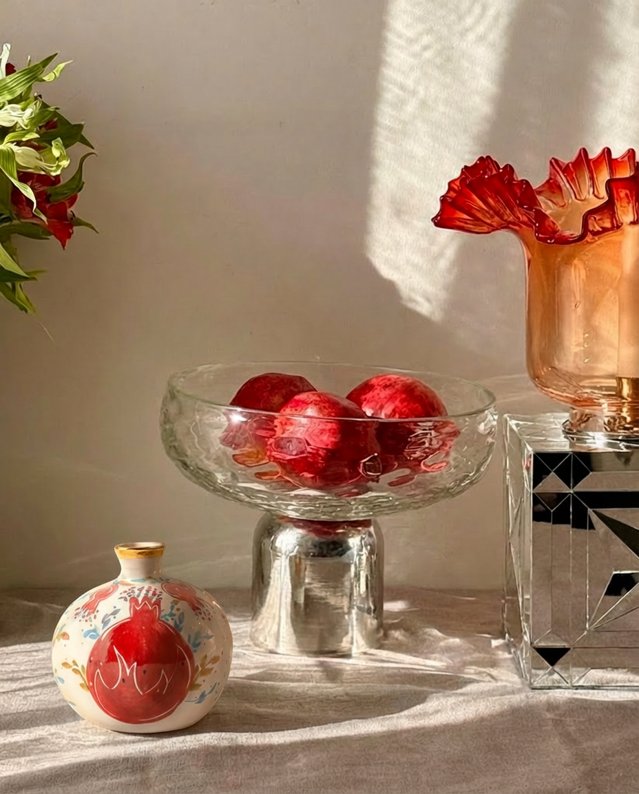 Handmade ceramic pomegranate ornament with red motif and gold rim
