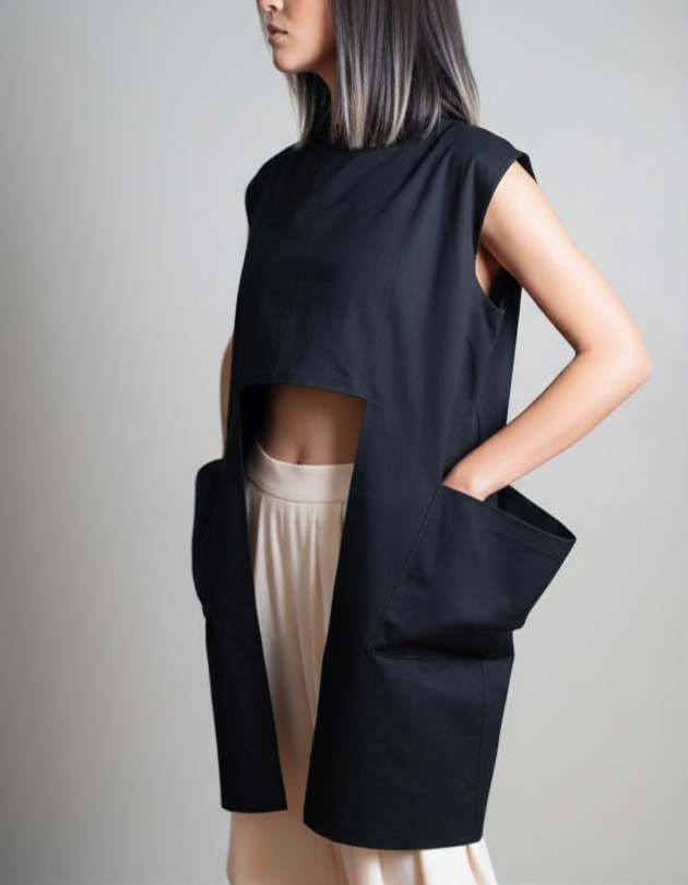 Minimalist asymmetric black blouse for women