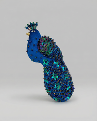Handmade blue peacock brooch with bead embroidery