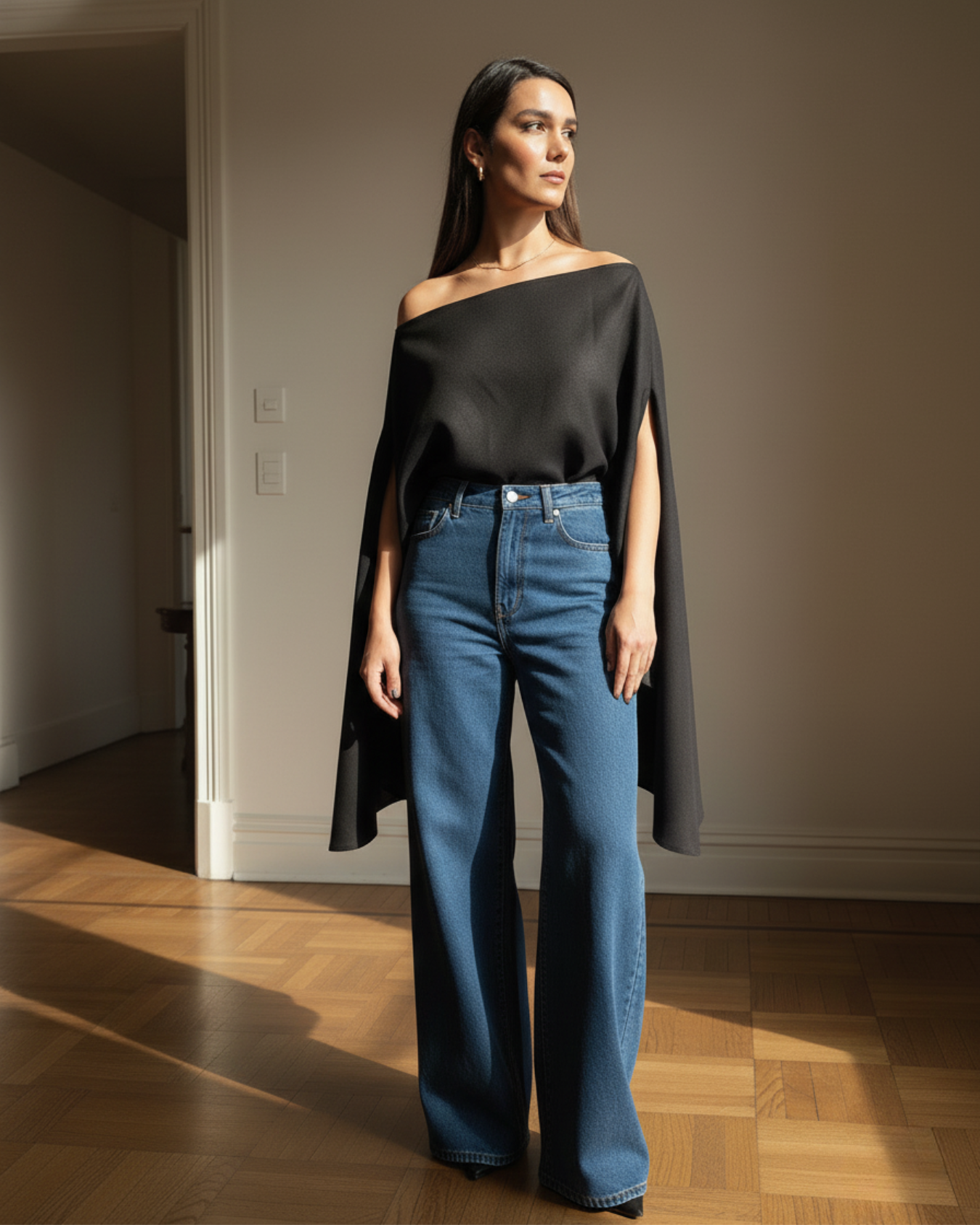Woman wearing a black off-shoulder top and blue jeans standing in a room with wooden flooring.