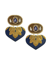 Handmade embroidered earrings with gold heart drop and violet crystal on white background