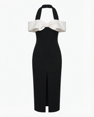 Premium crepe dress with halter neckline and bow detail