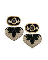 Handmade embroidered heart earrings with black gemstone and velvet details