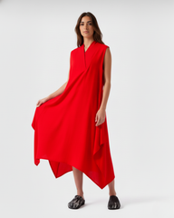 Red linen V-neck asymmetric summer dress front view