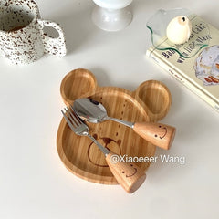 Bear Bamboo Plate Set with Smiley Fork & Spoon – Kid-Friendly Tableware