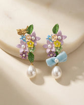 Handmade brass earrings with enamel flowers and pearl drop