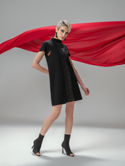 Handmade black crepe dress with sculptural origami embellishment