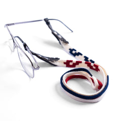 Handwoven tribal glasses strap with leather and metal detail