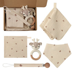 Brown Organic Baby Gift Set – Unique Combination of Teethers, Bib, & Comfort Toys