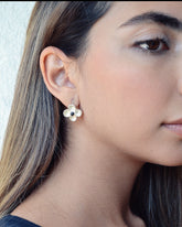 Handmade silver floral drop earrings close up