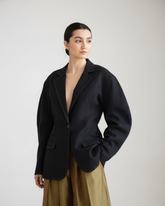 oversized black blazer with contrast stitching