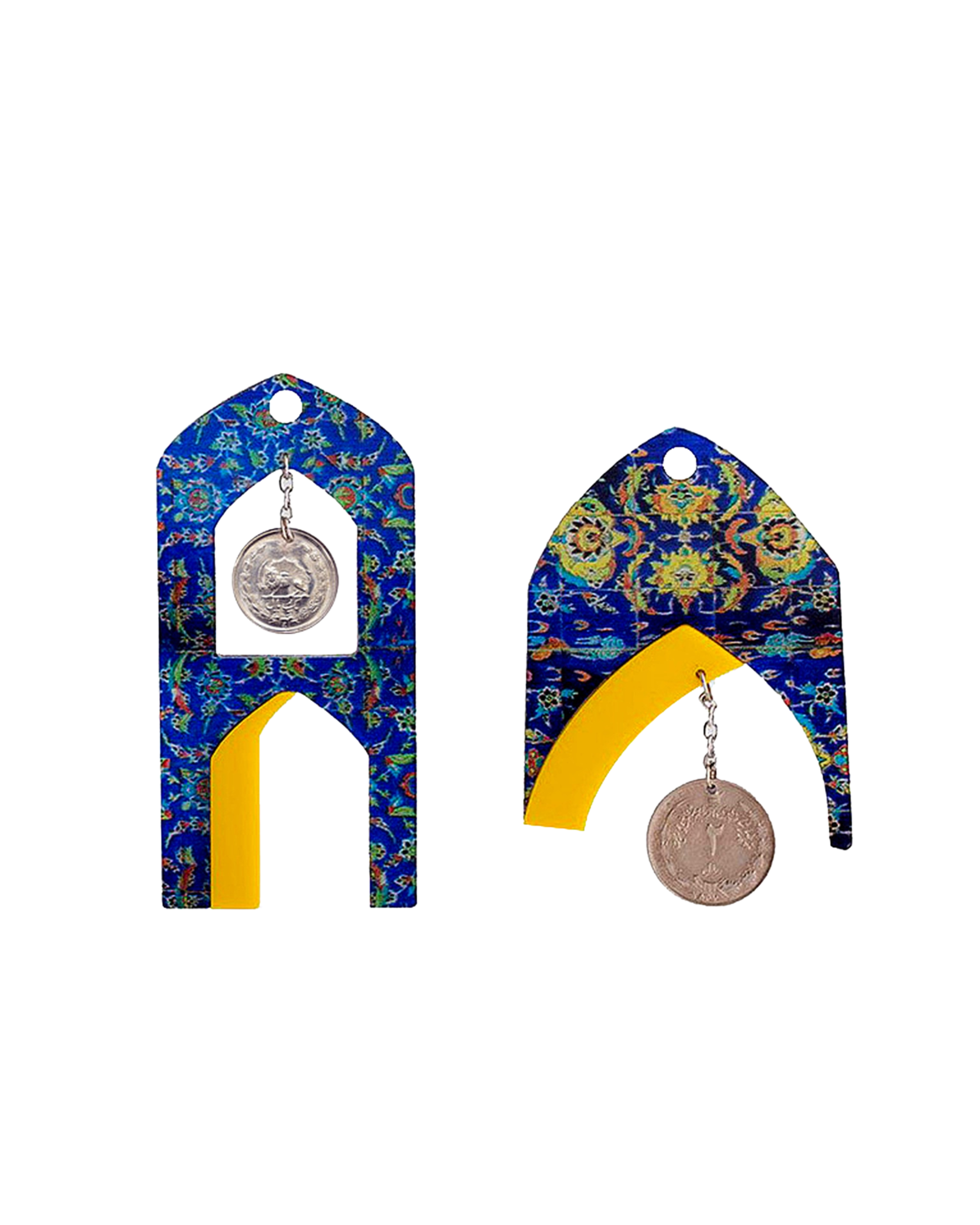 Handmade Persian inspired earrings with blue arch design and coin charm on white background