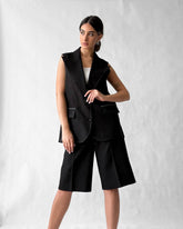 Premium black linen sleeveless blazer with stitched details