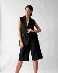 Premium black linen sleeveless blazer with stitched details