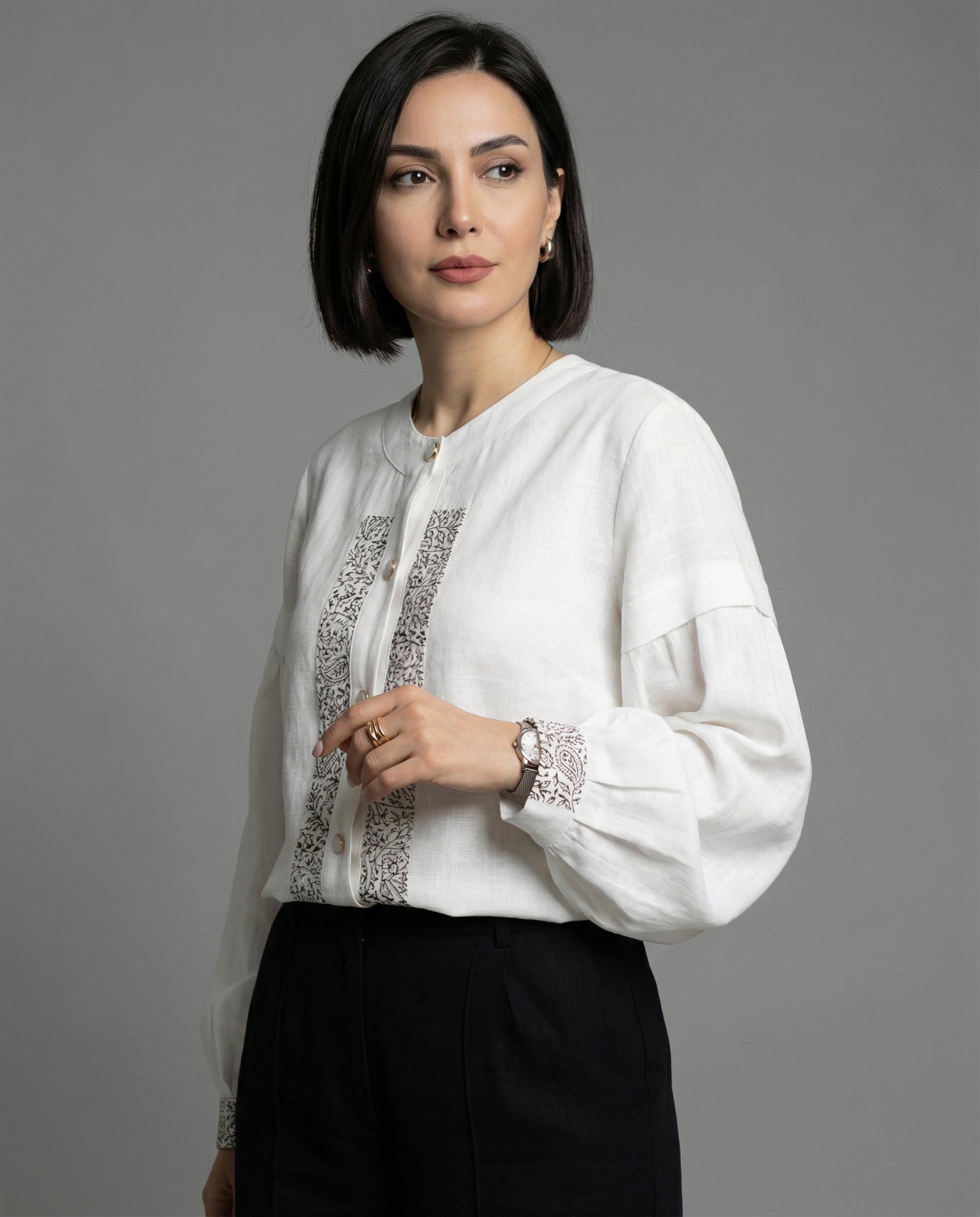 Ivory pure cotton blouse with Qalamkar front detail