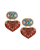 Handmade blue and red fabric earrings with heart-shaped drop and beaded stud