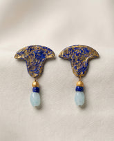 Handmade paper mache earrings in blue and gold