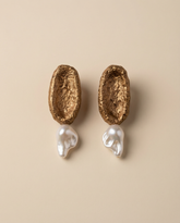 Handmade paper mache earrings with gold texture and pearl drop