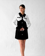 Statement crepe dress featuring contrast paneling and collar