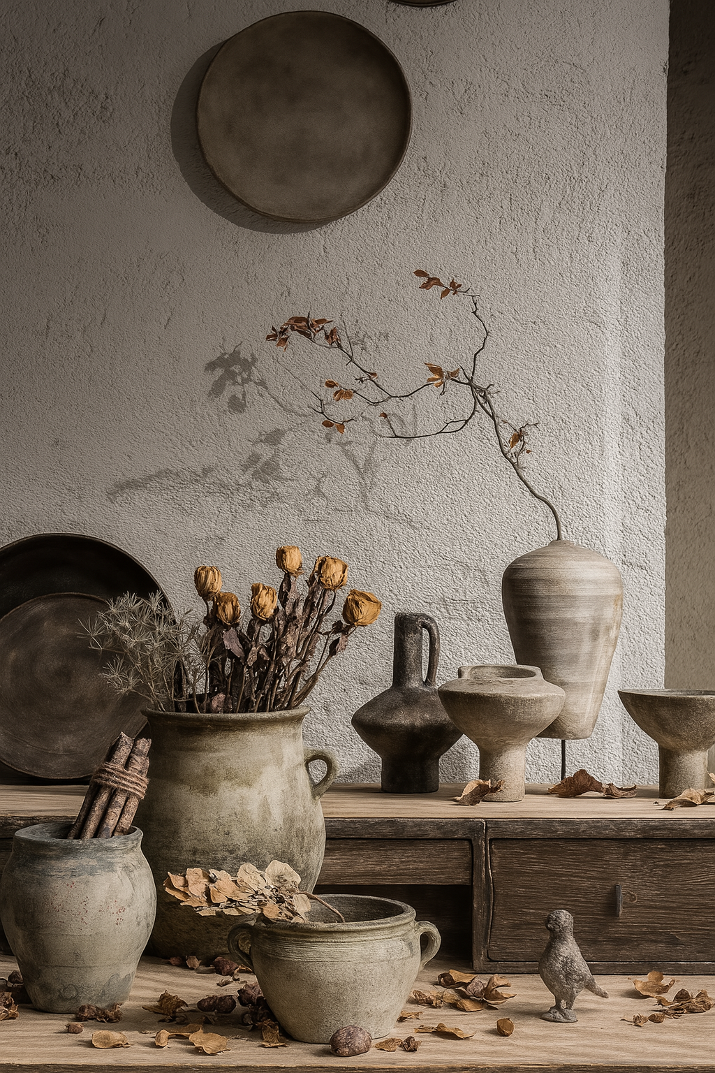 Vintage ceramic vases with dried flowers on wooden cabinet