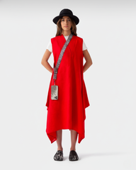 red asymmetric linen dress with handkerchief hem front view
