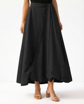 Black asymmetrical drape midi skirt front view