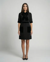 Black premium crepe dress with velvet bow neckline
