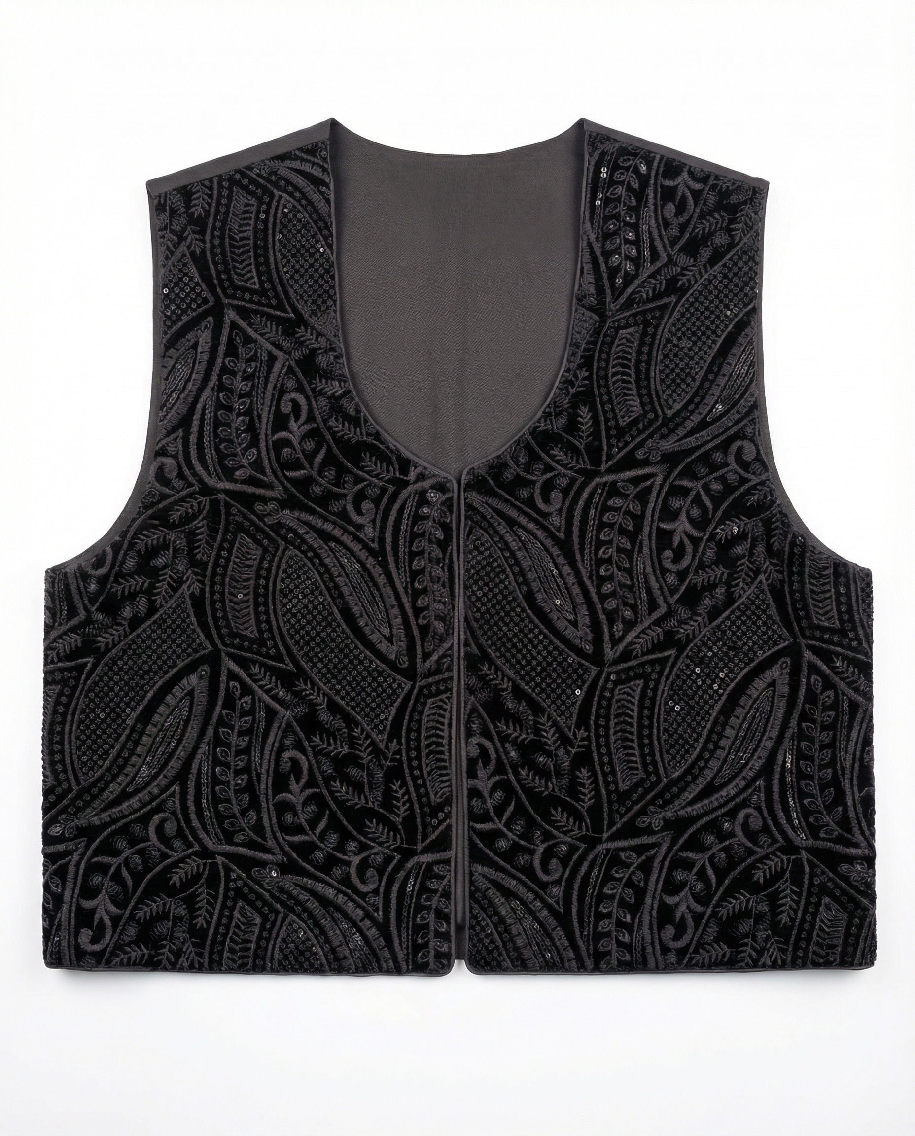 Black patterned vest on a white background