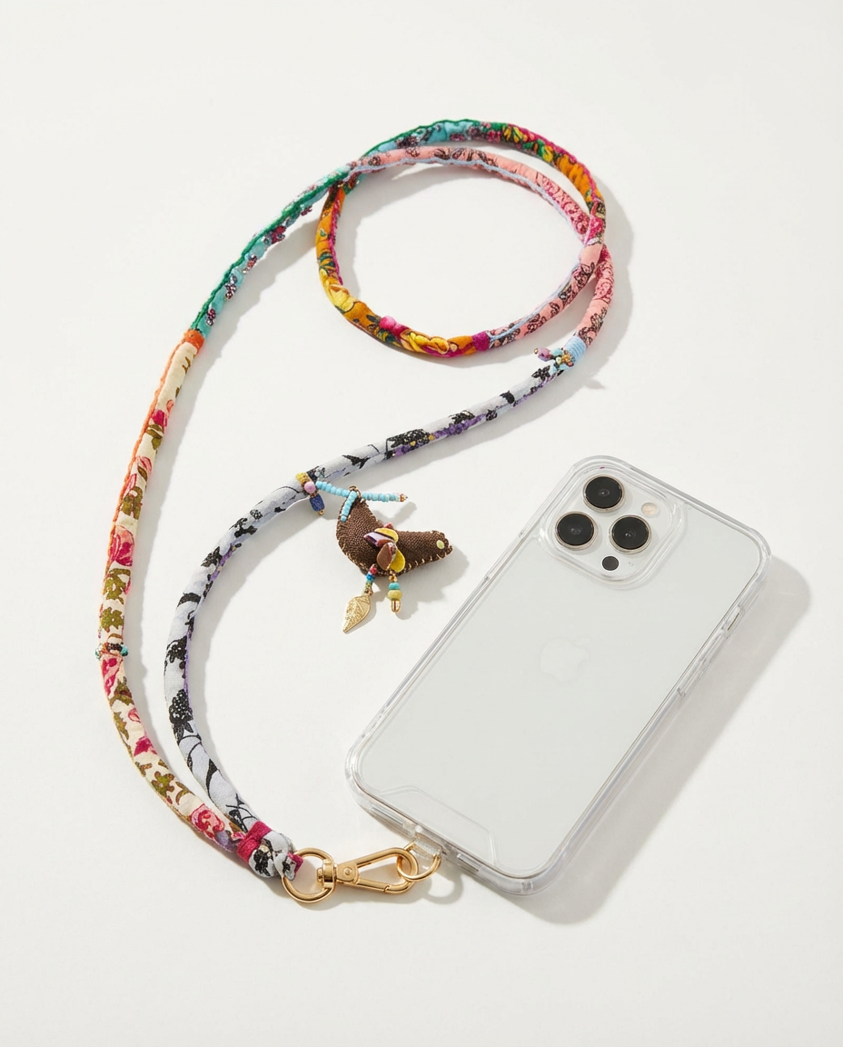 Close up of handmade textile phone strap with beaded charm