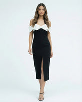 Tailored black midi dress with front slit