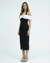 Premium crepe dress with halter neckline and bow detail