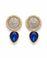 Earrings with coin-like tops and blue teardrop stones on a white background