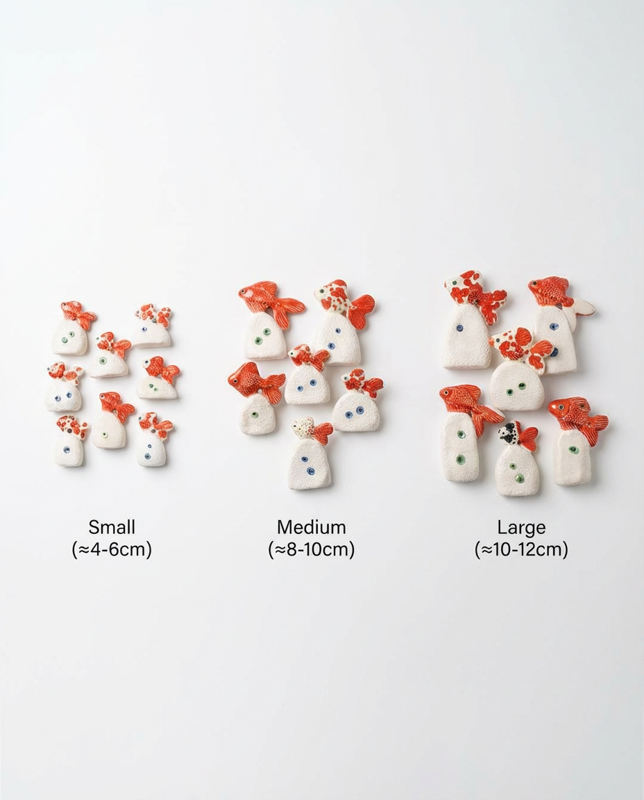 Three sizes of decorative items labeled 'Small', 'Medium', and 'Large' on a white background.