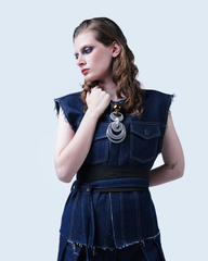 Raw-edge sleeveless denim top with belt detail