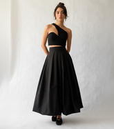 Black structured taffeta maxi skirt front view