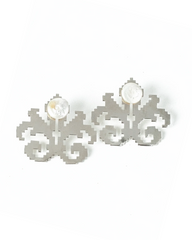 Handmade steel earrings with Persian carpet motif and pearl