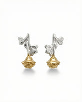 Two tone silver and gold floral dangle earrings