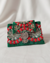 green and red velvet embroidered wallet with coin closure