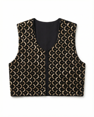 Black and gold patterned vest on a white background