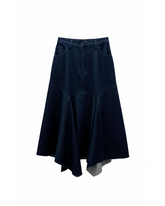 indigo flared denim skirt with handkerchief hem on hanger