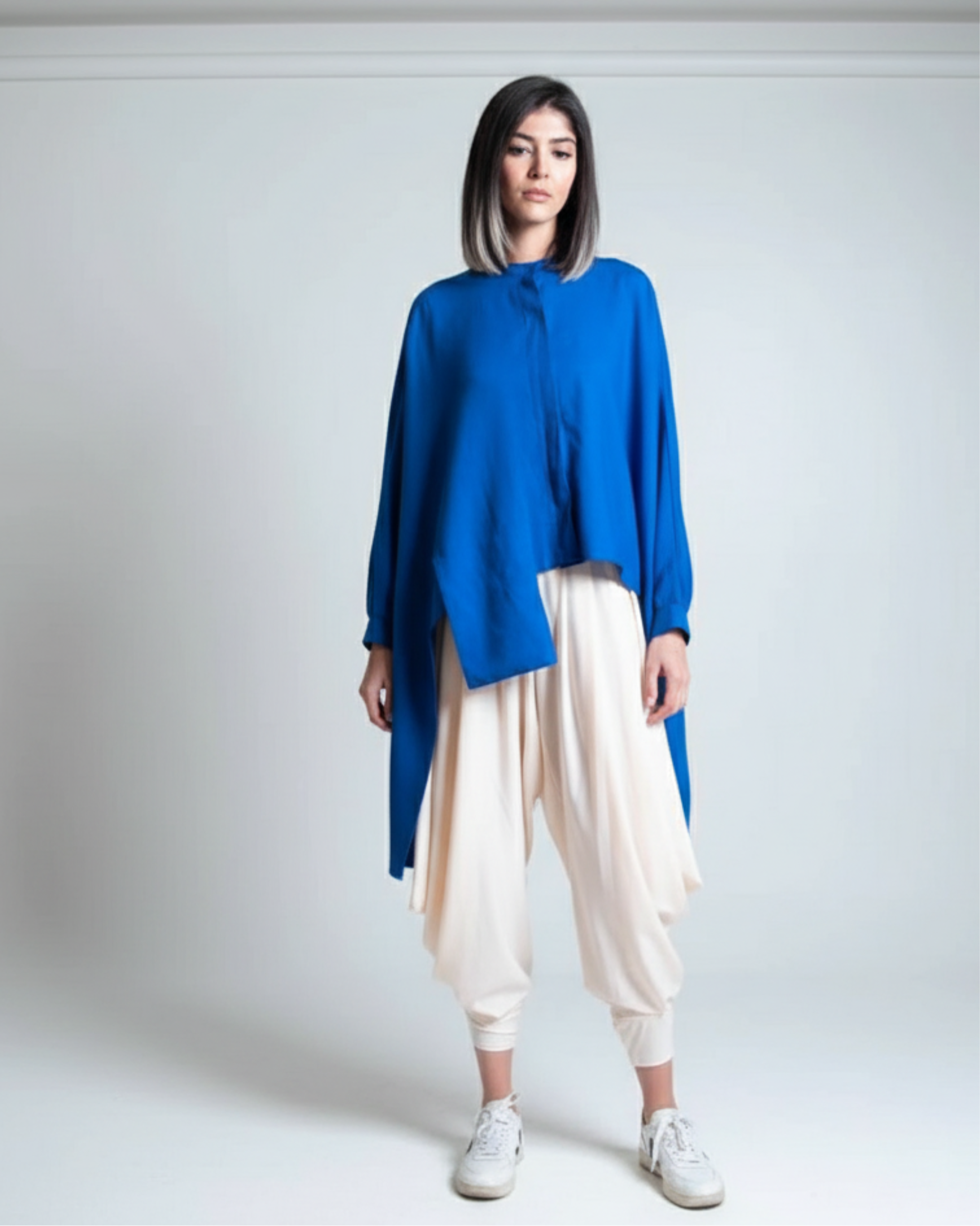Cobalt blue linen blouse with stand collar and asymmetrical panels