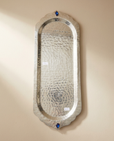 Handmade hammered copper oval tray with blue jewel detail