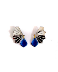 Art Deco mermaid-inspired earrings with mirrored fan and blue crystal drop