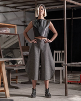 wool blend sculptural wide leg pants on model