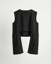 Black structured linen top with wide shoulders and front opening