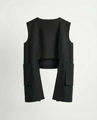 Black structured linen top with wide shoulders and front opening