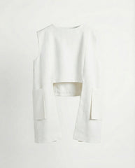 Sleeveless linen blouse with statement pockets front view