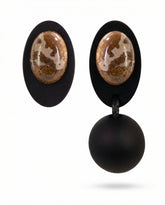 Handmade wood leather stone drop earrings front view