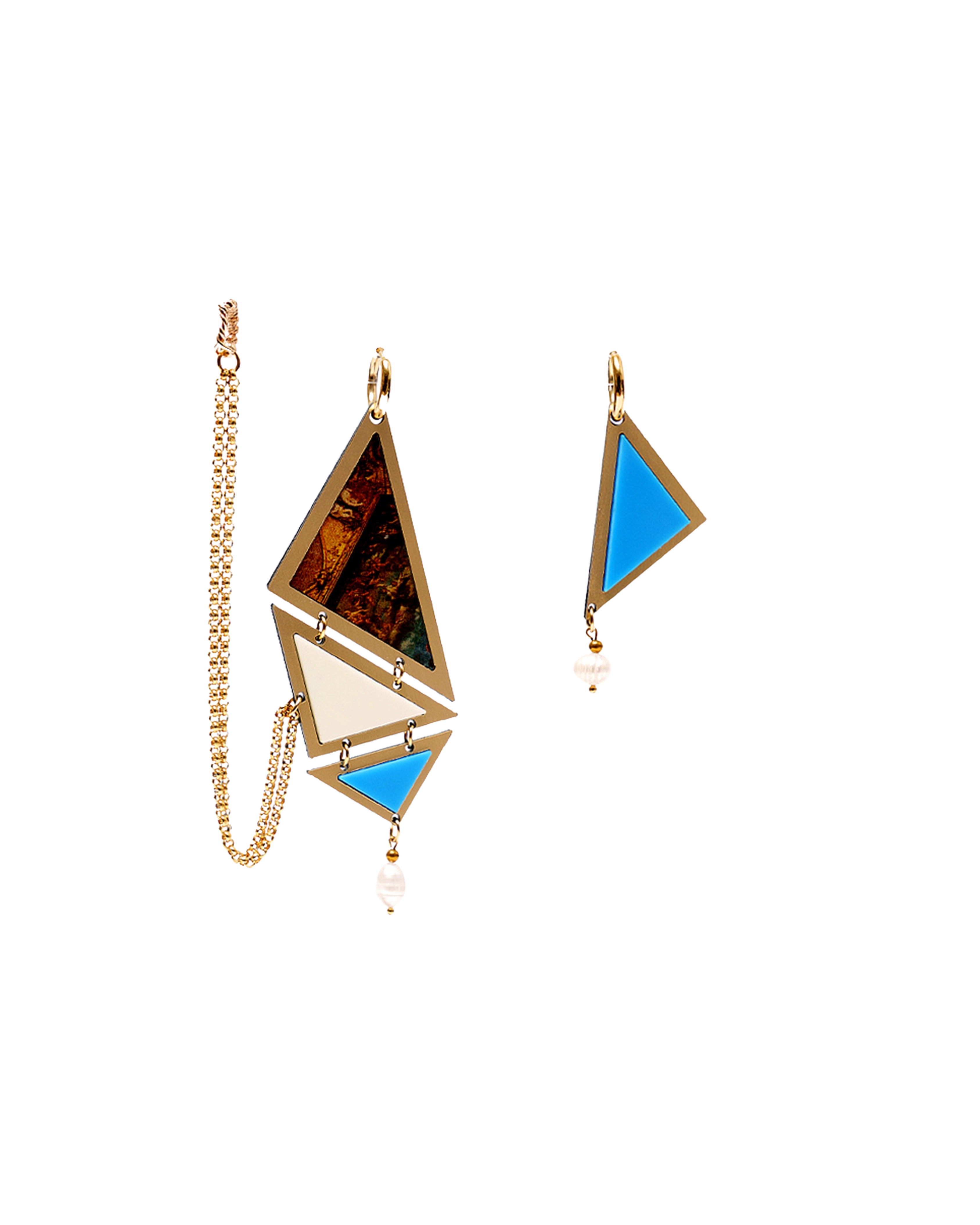 Geometric statement earrings with chain and pearl drop