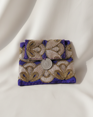 purple and gold brocade fabric card pouch handmade